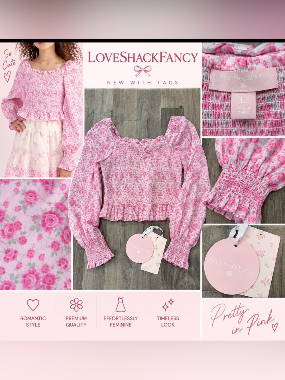 LoveShackFancy x Target Pink Floral Smocked Crop Top Size 12 NWT